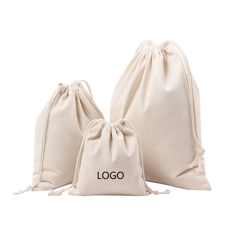 Custom Logo Small White Organic Canvas Bags Cotton Linen Drawstring Bag