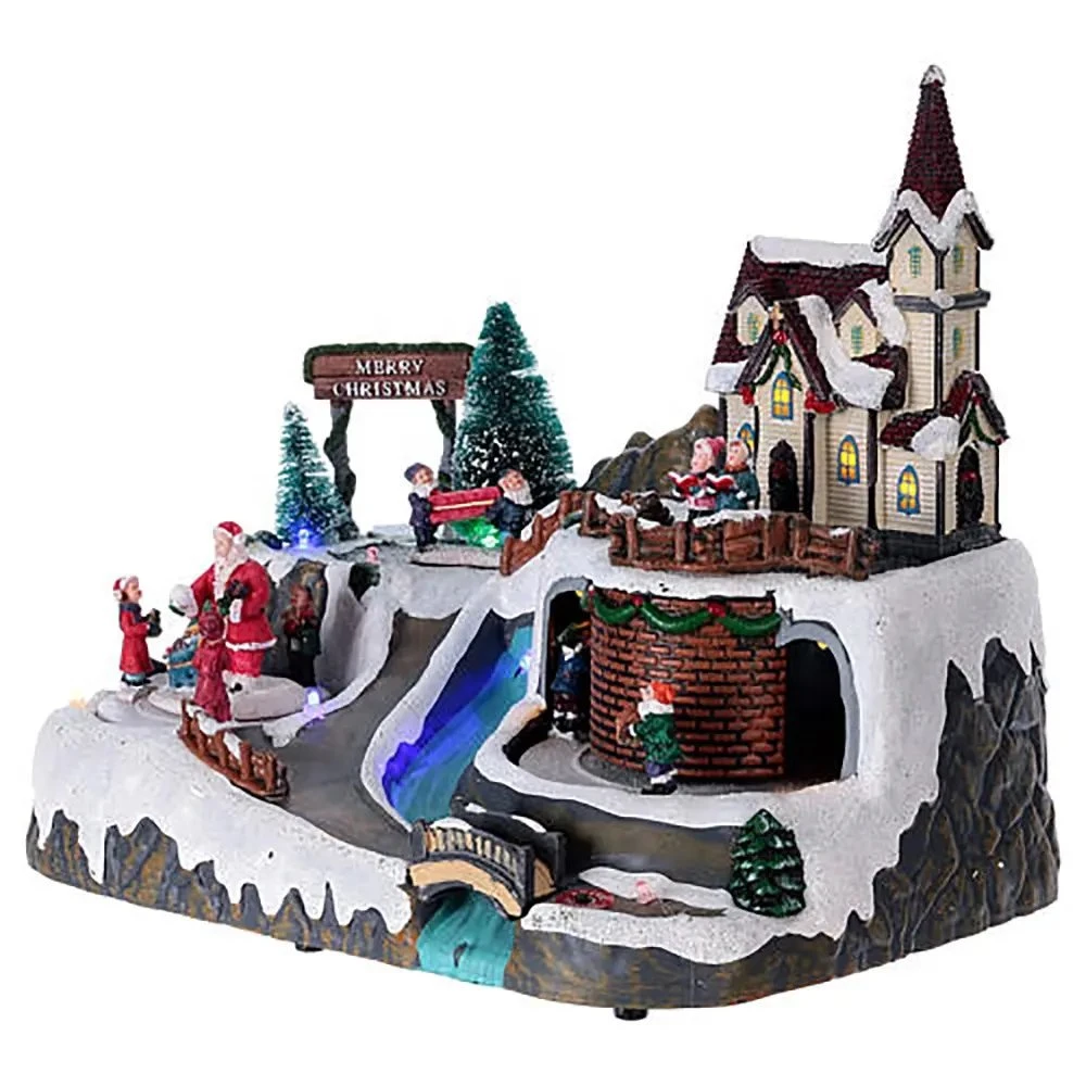 Resin Musical Christmas Village Houses with Santa and Snow Scene Ornament