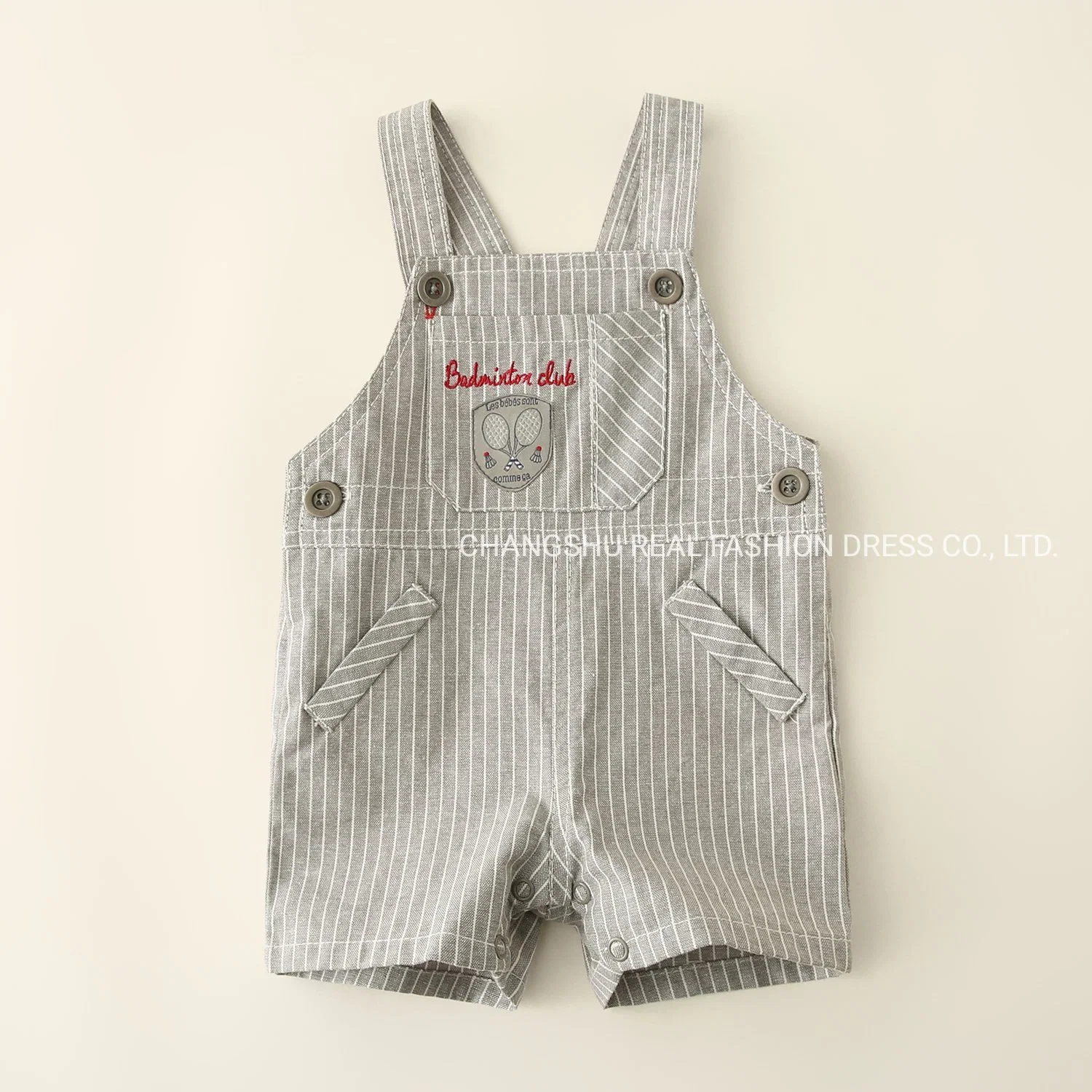 Boy Baby Grey Stripe Suspender Short Clothes with Embroidery at Pocket and Metal Button at Straps