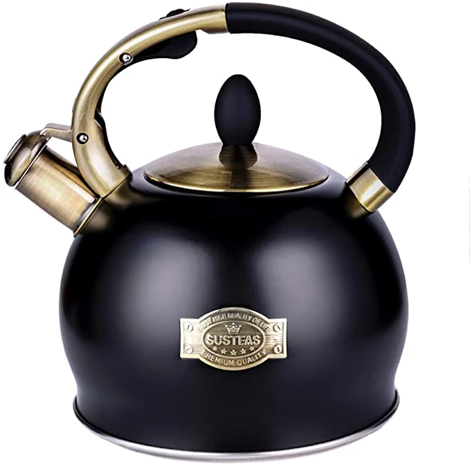 Chaleira do chá da cozinha em cores diferentes - assobiar alto teapot do stovetop feito do aço inoxidável com cabo do teste padrão da madeira, saída original do Chaleira do controle do botão