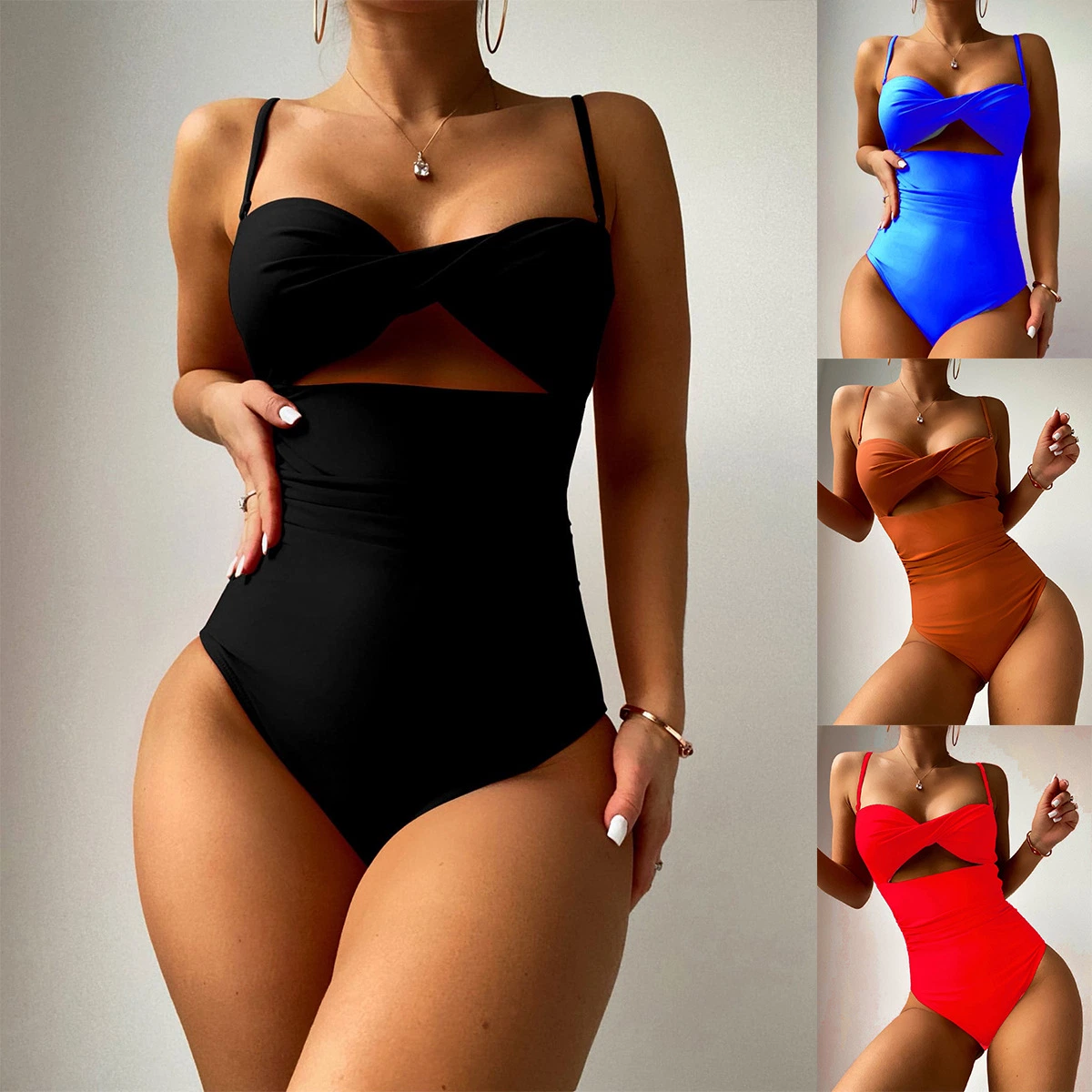 Bikini de color sólido Bañador Bañuelo elegante estilo bandeau corte alto brasileño Traje de baño