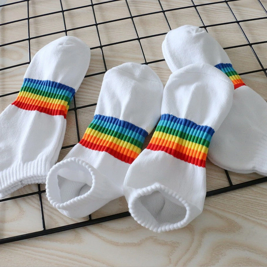 Rainbow Jacquard White and Black Cotton Ankle Socks