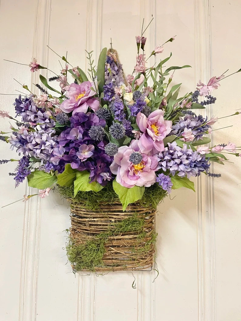 Simulated Purple Enchantress Wall Hanging Lavender Flower Basket Set