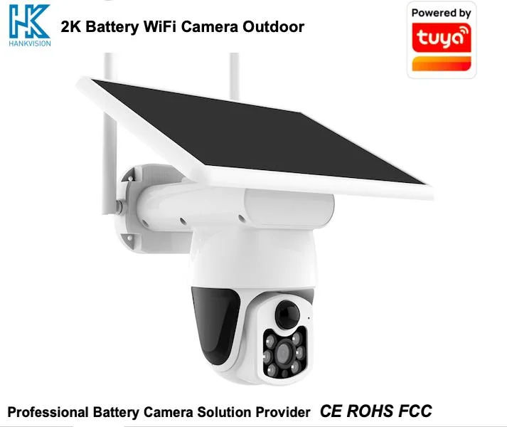 Câmara com alimentação solar Hankvision Câmara sem fios para exterior 2K 3MP Pan Tilt 360 ° Ver IP65 Câmara PTZ recarregável com alimentação por bateria, ligação de 2.4G