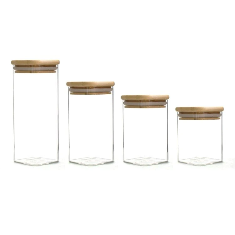 China Products Home Kitchen Multi Functional Square Storage Containers with Airtight Bamboo Lids Food Herbs Spice Glass Jar
