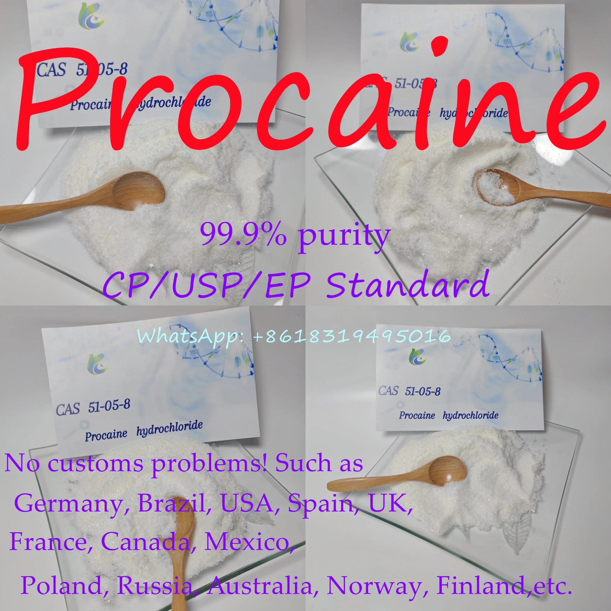 En el mercado europeo de EE.UU., el 99,9% Puro de procaína HCl/Procaína HCl anestésico local CAS 51-05-8 Procaina en polvo con el Mejor Precio Espacio seguro