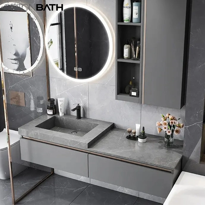 Ortonbath Grey Concrete Wall Mount Above Counter Ceramic Sink Bathroom Slate Vanity Unit Cabinet Artificial Stone Bathroom Furniture with LED Mirror Cabinet