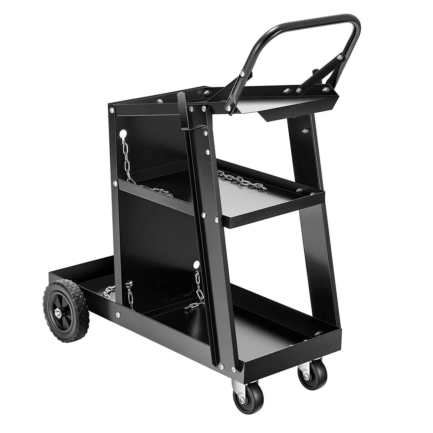 عربة لحام مزودة بعجلات مطورة من نوع Iron 3 Tiers Rolling Cart مع عجلات مطورة و تخزين الخزان لمولع TIG MIG وزبدة البلازما باللون الأسود