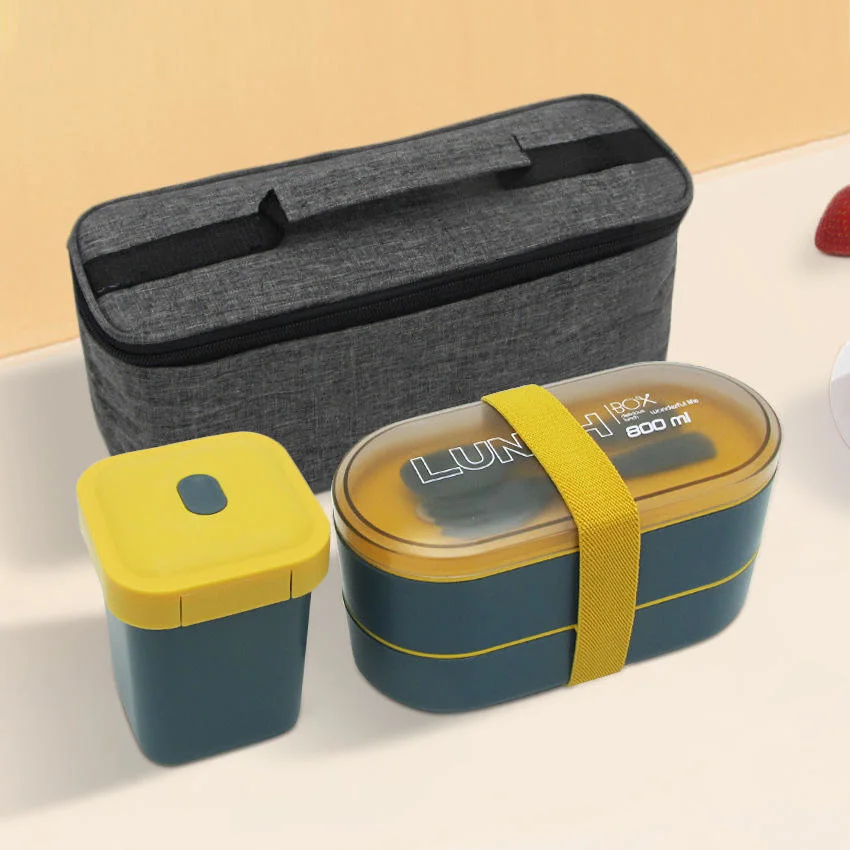 Caja Bento de seguridad para microondas y juegos de tazas de sopa con bolsa Embalaje Mayoreo plástico dos capas de caja portátil de almuerzo