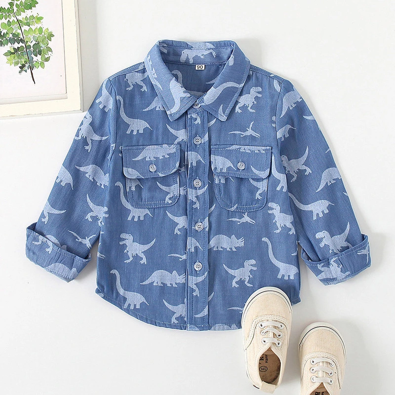 Factory Foreign Trade Children's Clothing 2020 Spring and Autumn New Boys' Long-Sleeved Cartoon Dinosaur Denim Shirt