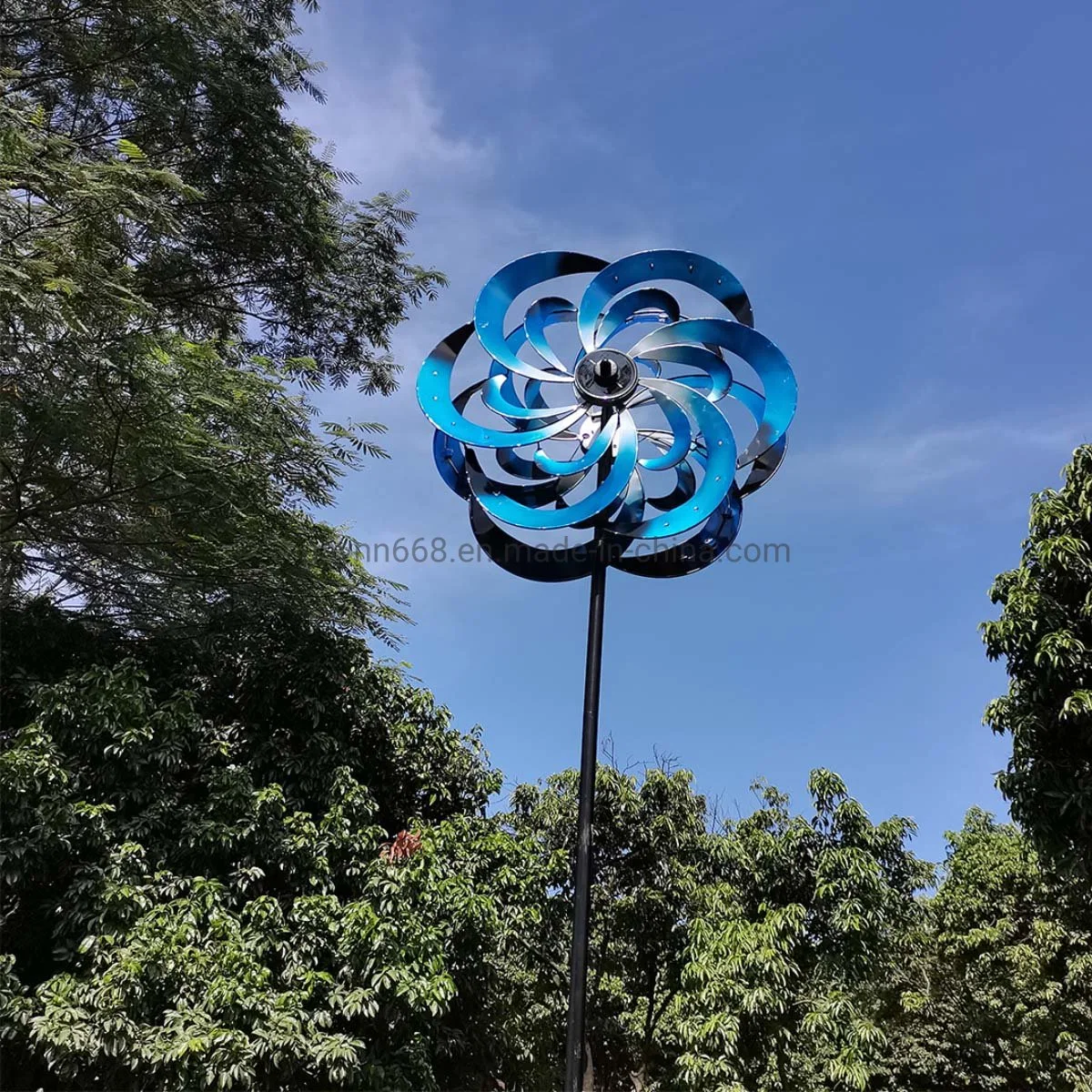 Solar Lighted Stainless Metal Jumbo Spiral 75in Wind-Driven Spinner with Azure Color for Decorating The Garden&Patio, Lawn