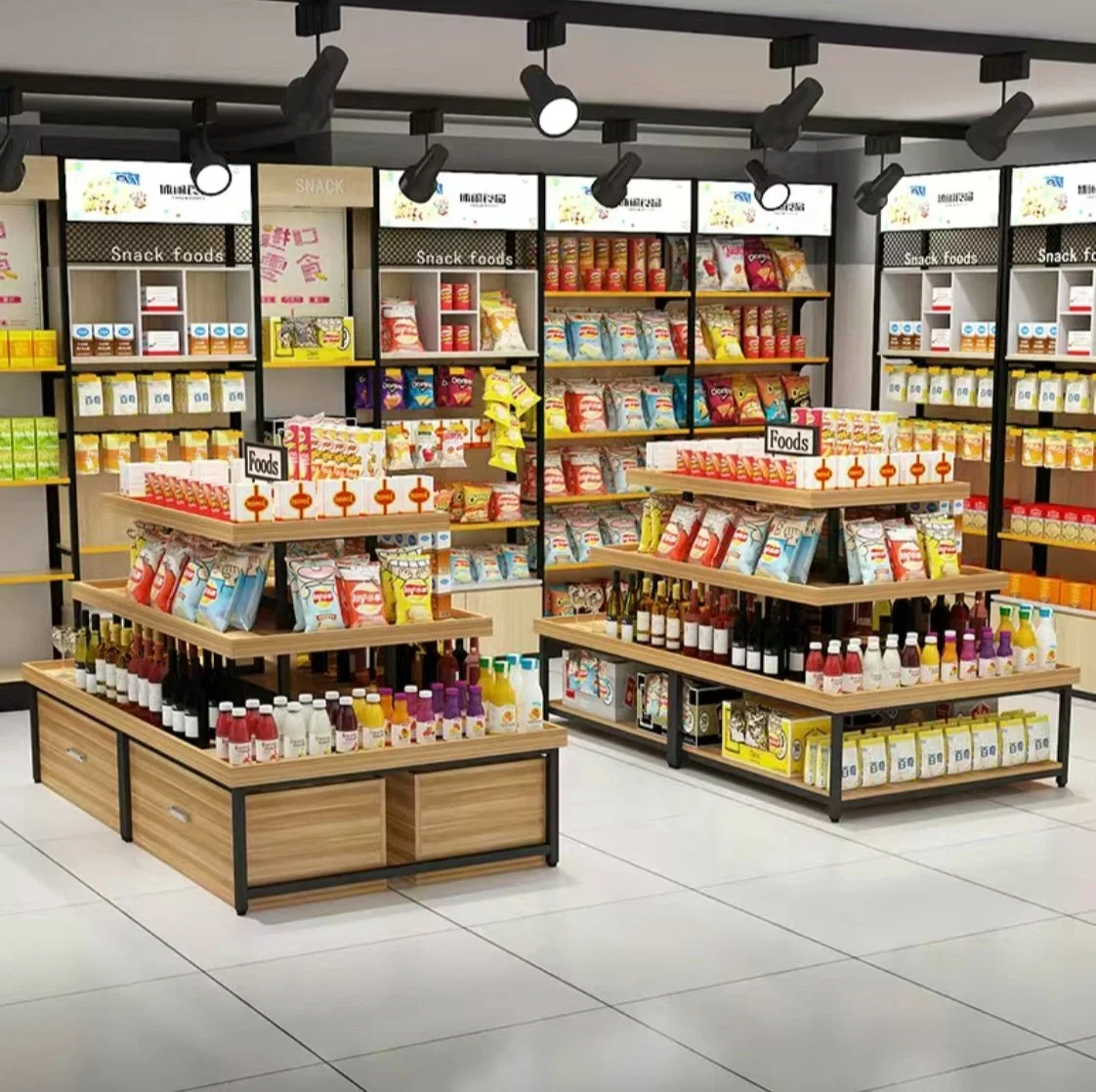 Retail Supermarket Drinks Display Rack Grocery Store Fixture Wood Shelf Exhibition Table