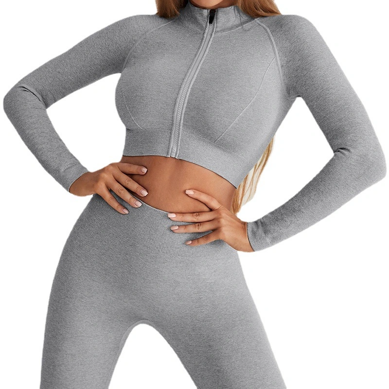 Wholesale/Supplier Clothing Seamless Sportswear Jacket Cropped Top Leggings Tights Yoga Suit Women Zipper Front Tight Long Sleeves Workout Fishing Shirt Custom Tracksuit