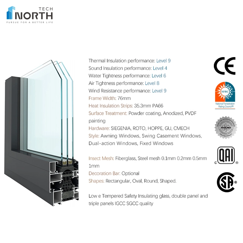 Northtech Aluminum Sliding Casement Windows with Water and Air Tightness Features with Nfrc CE Certificate