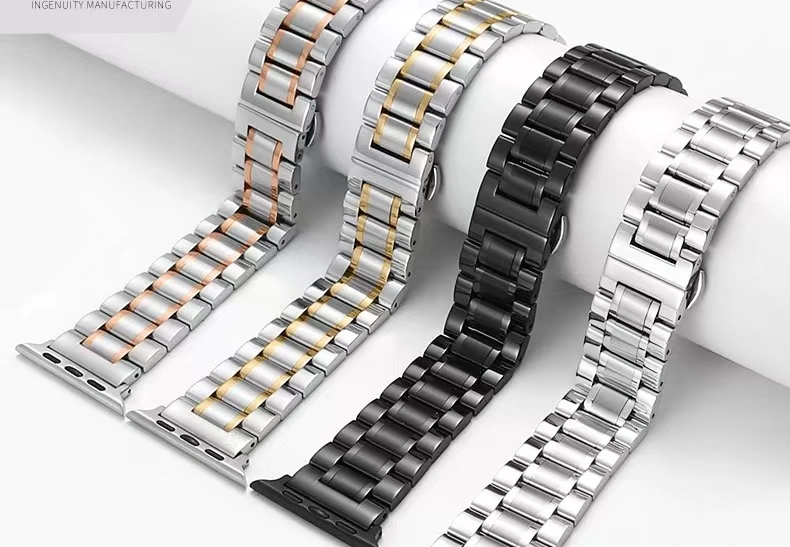 Customized 304 Precision Stainless Steel Adjustable Metal Stainless for Apple Watch Band Beads 38-49mm Solid Butterfly Buckle Watch Strap