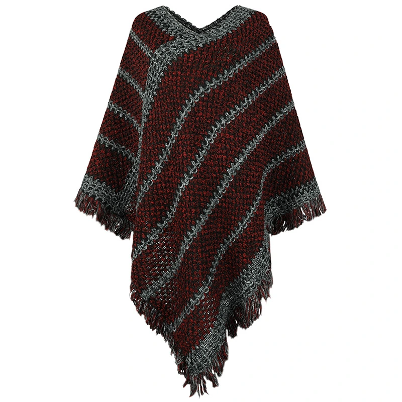 Autumn and Winter New Contrasting Stripes European and American Cross-Border Ethnic Style Tassel Pullover Cape Shawl Women Sweater