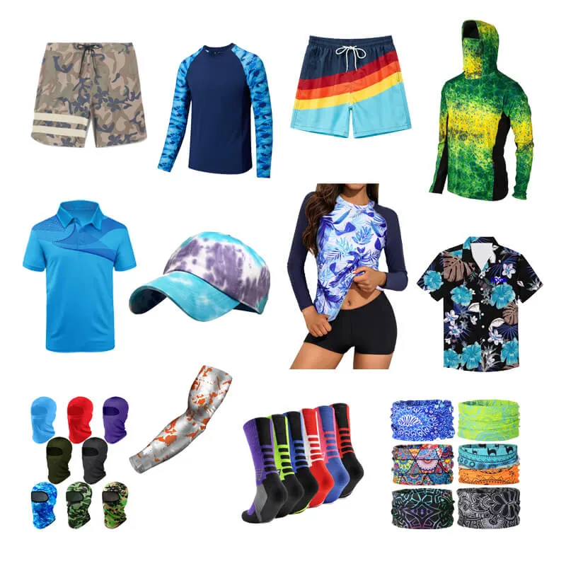 Shorts de planche de haute qualité en gros, maillots de bain, casquette de polo, manches de bras, bandana, chemises hawaïennes de pêche, maillots de sport de plage.