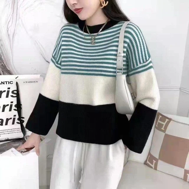 Striped Sweater Female 2023 Autumn New Crew Neck Pullover Sweater Lazy Wind Loose Large Size Leggings Wholesale