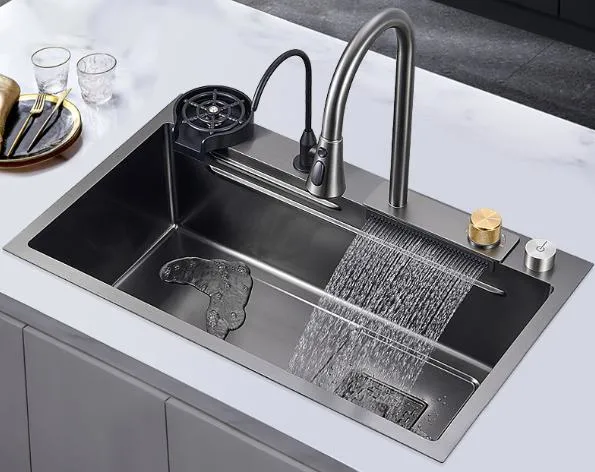 China Wholesale/Supplier Modern SUS304 Stainless Steel Black Farmhouse Hademade Single Bowl Multifunction Waterfall Sink Kitchen