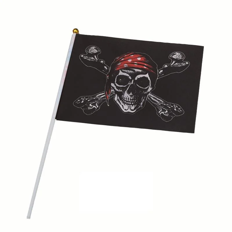Custom Wholesale/Supplier 14X21cm 100d Polyester Plastic Pole and Wooden Pole Pirate Flag Handing Flag
