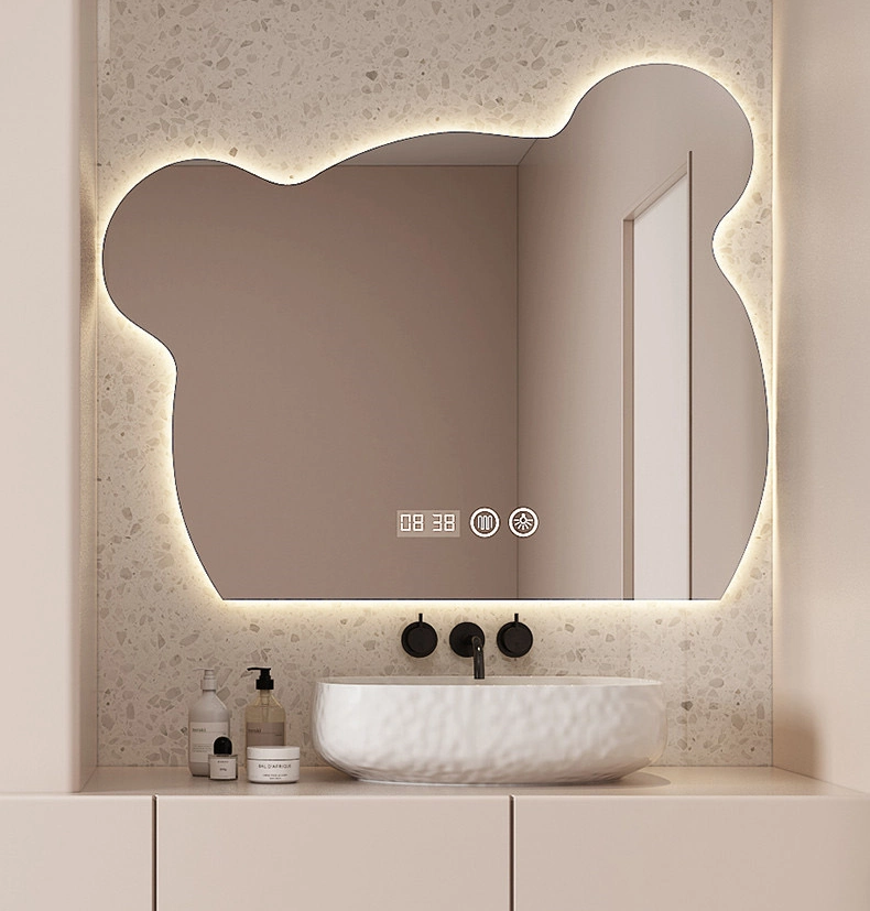 Venta caliente Cartoon con forma de retroiluminación Anti niebla Baño espejo de pared Baño espejo inteligente LED pantalla táctil