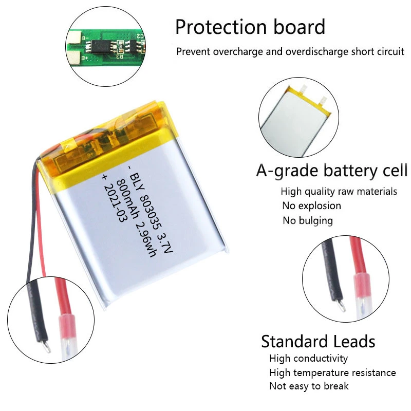 Batería de litio polímero 803035 800mAh juguetes Auriculares Bluetooth Cámara Digital Batería Recargable