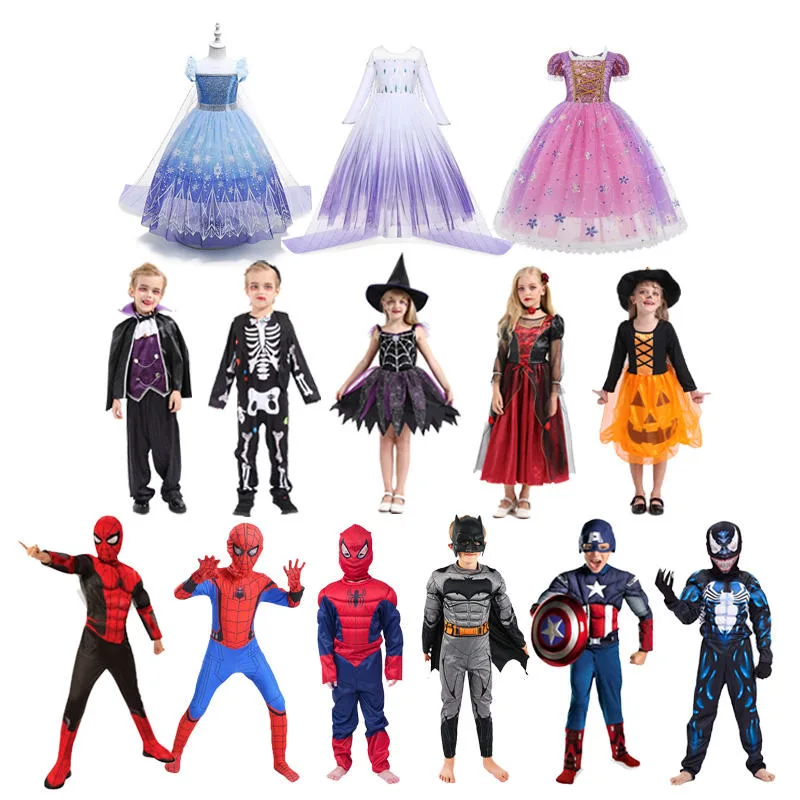 Disfraz de Halloween para niños Elsa Rapunzel Princess vestir disfraz de superhéroe Spiderman Cosplay Costum