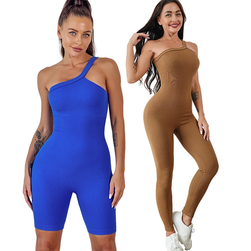 New Stylish Stretchy Ribbed One Shoulder Yoga Romper Jumpsuit for Women, One-Piece Supportive Sportswear Seamless Gym Body Shaping Playsuits