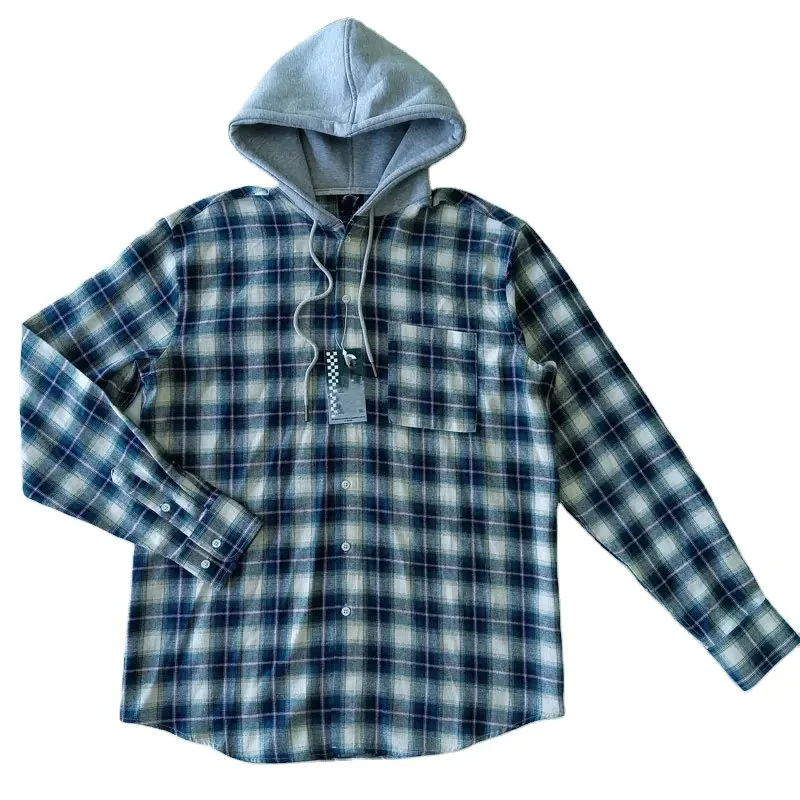 Custom Tag Мужская повседневная 100% хлопок Plaid Flannel Hooded Style Мужские футболки с капюшоном