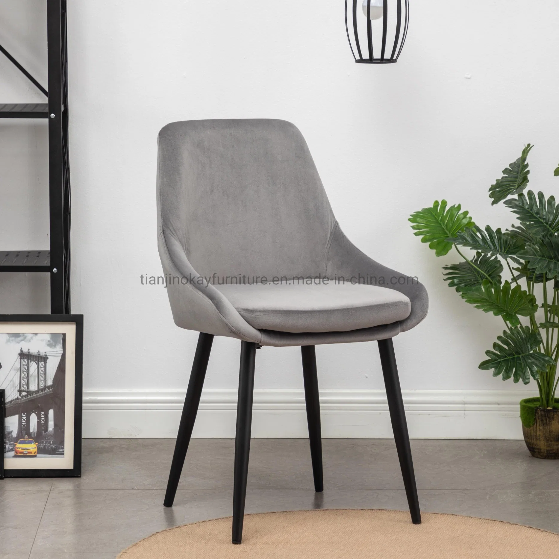 Estofos em veludo cinza grossista pernas de metal sotaque nórdico moderno mobiliário Cadeira de jantar