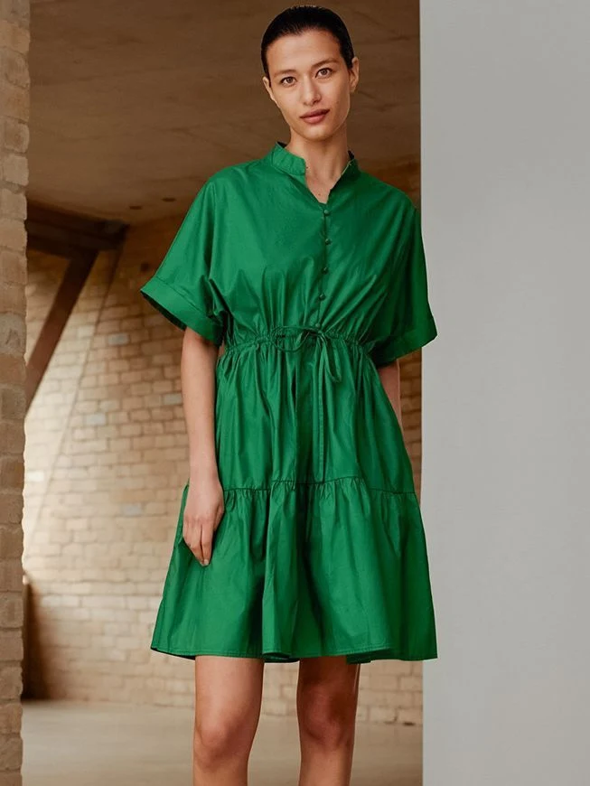 Women Standing Collar Short Sleeved Green A Line Dress Button Down Shirt Dresses for Women