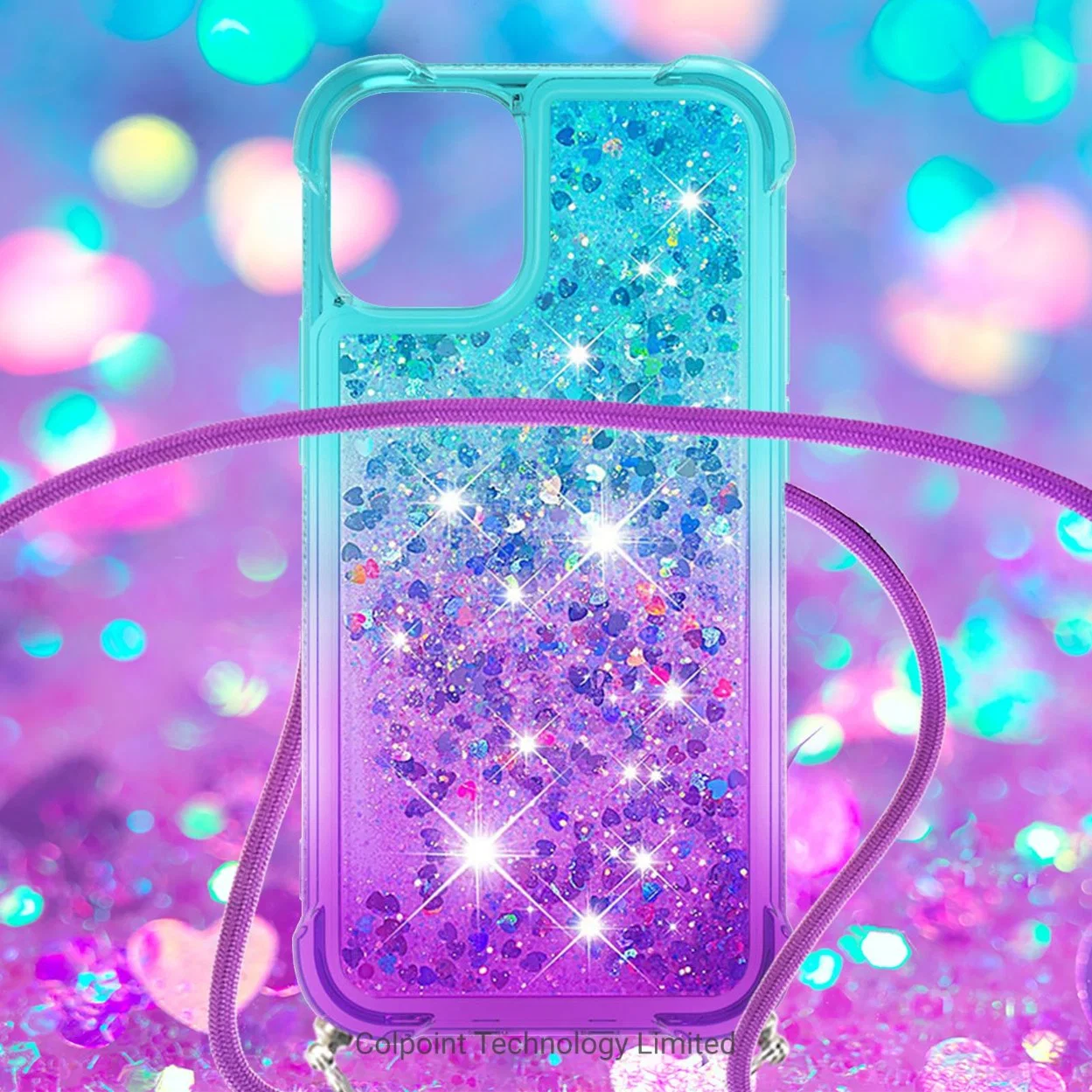 Gradient Quicksand Series Glitter Flowing TPU Liquid Flowing Case with Strap for iPhone 13 Mini 5.4 Inch - Sky Blue Purple