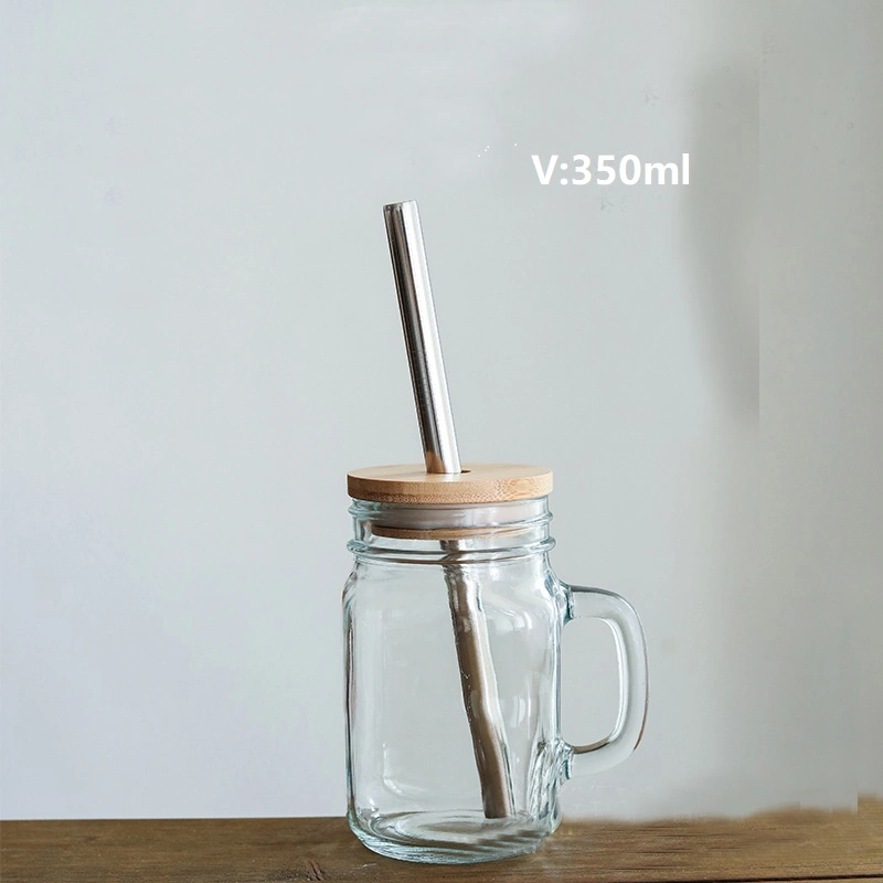 12 Oz 350 Ml Mason Handle Glass Mug with Bamboo Lids and Straw