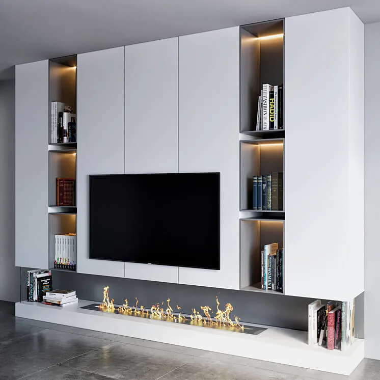 PA Living Room Furniture Glossy White Design Floor Mounted Modern Fireplace TV Stand Set