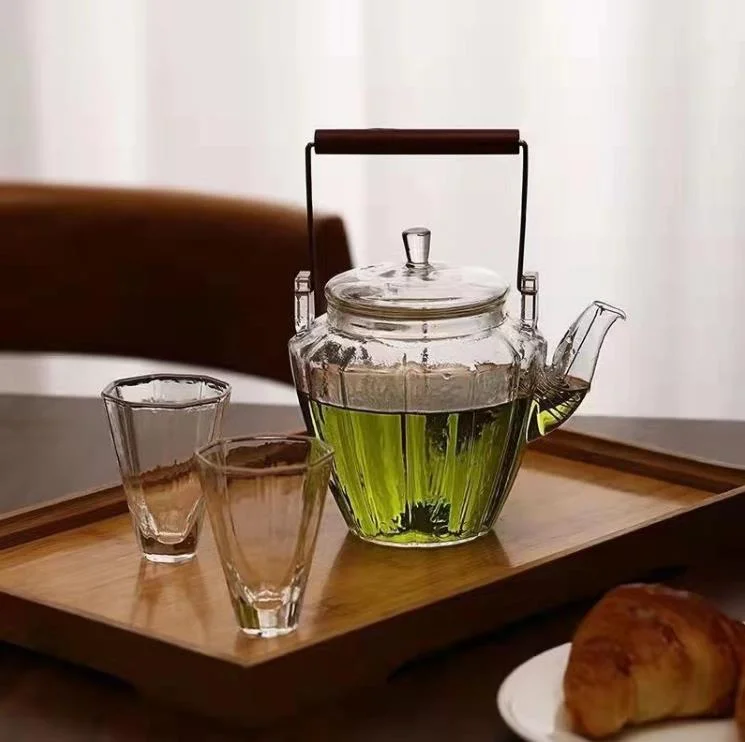 Home Oil Burner Tealight Heating Cooker Wax Warmer Candle Tea and Water Glass Teapot with Glass Infuser and Cooper Handle