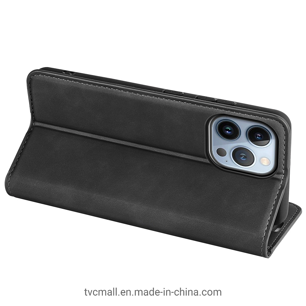 Piel suave sensación de cuero Folio Libro tapa abatible Vista horizontal Soporte funda de absorción magnética para iPhone 14 PRO 6,1 Pulgada - Negro