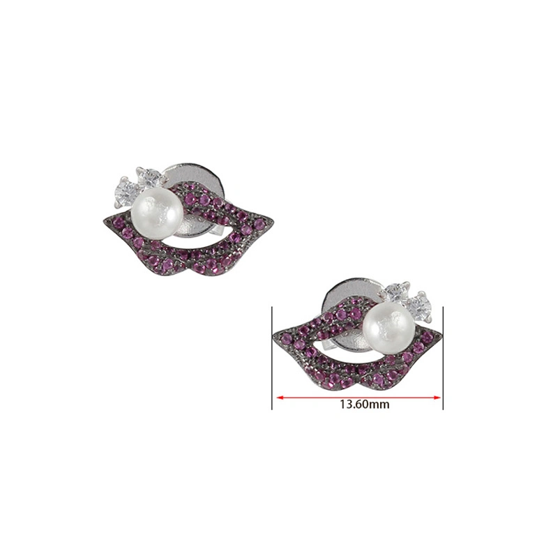 Fashion Jewelry Ruby Color Diamond Jewellery Black Plated Lip 925 Sterling Silver Earrings with Shell Pearl