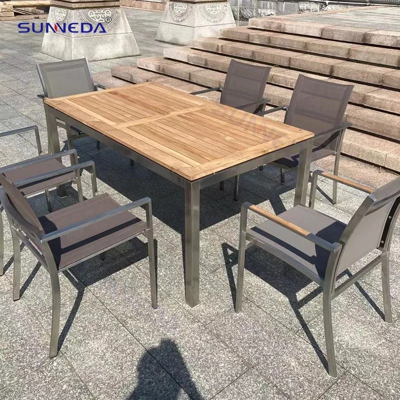 Modern Hotel Outdoor Patio Garden Furniture Manufacturer OEM Stainless-Steel Teak Finish Wood Dining Table Set with Stackable Chairs