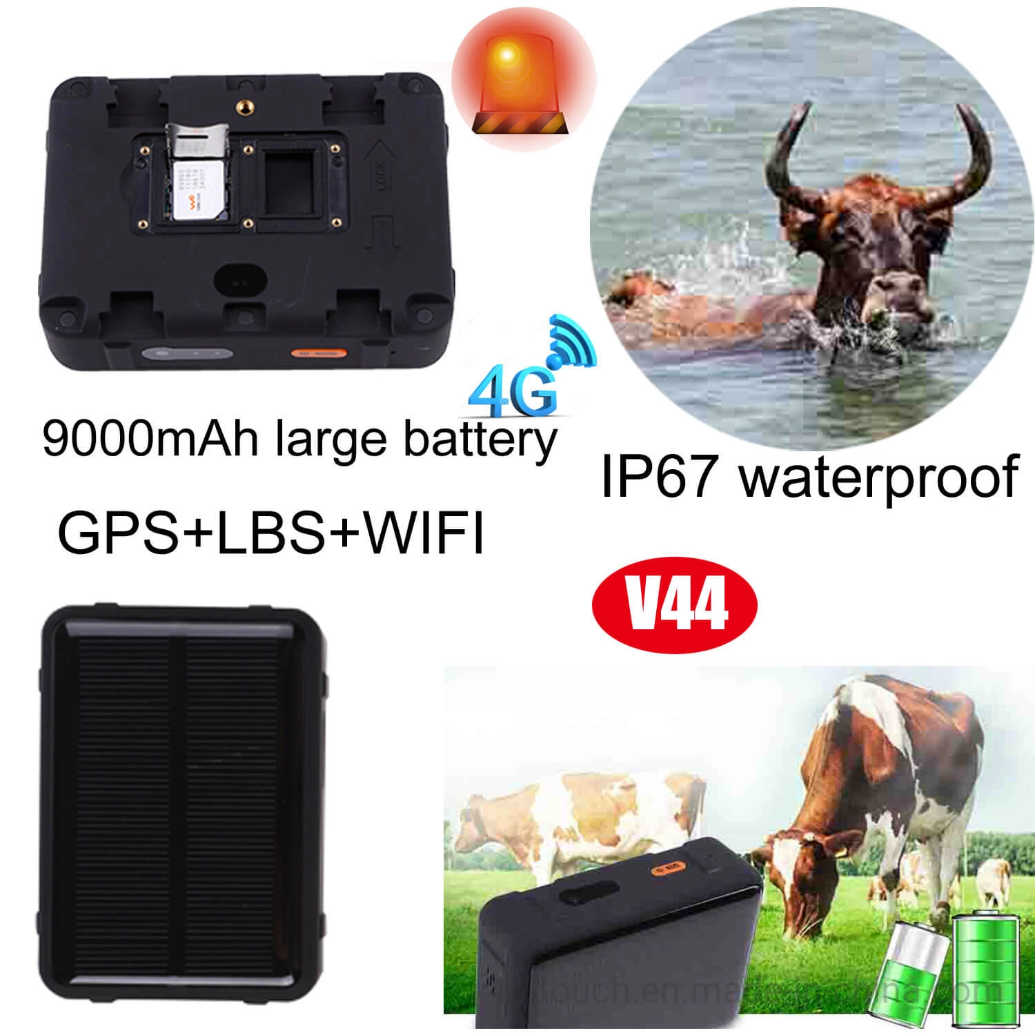 Dispositivo GPS seguidor de potencia solar resistente al agua de alta calidad 4G IP67 Para la polea de la vaca con configuración de zona de seguridad V44