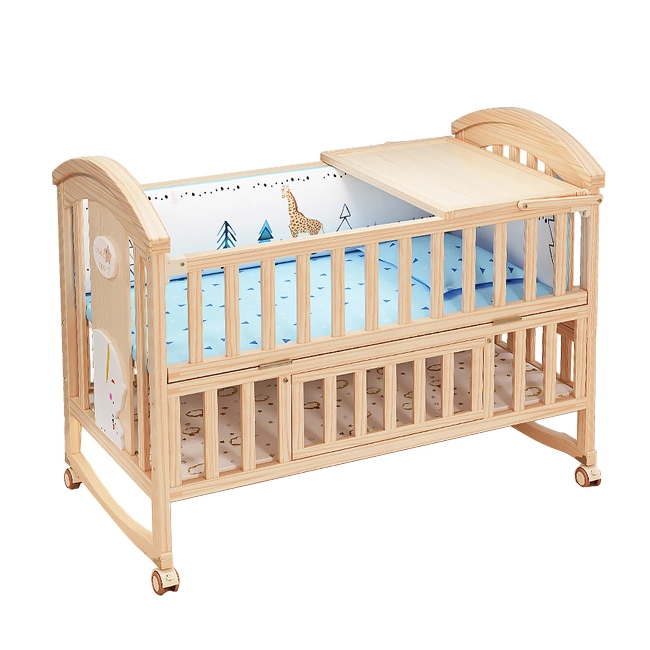 Natural Unpainted Wooden Baby Crib Bed Guardrail with Storage Drawers