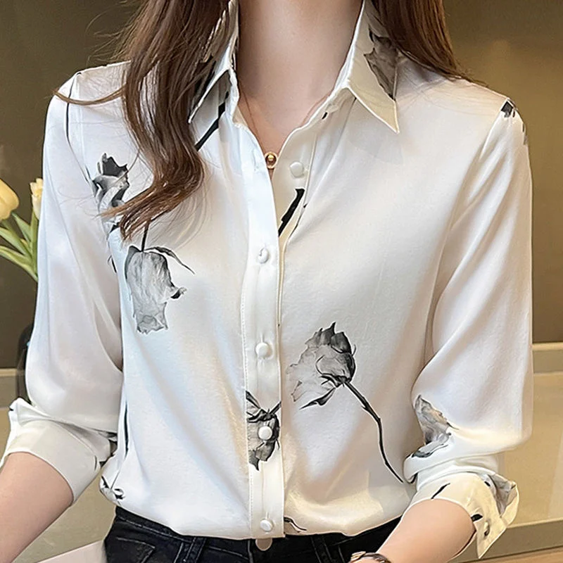 Silk Satin Blouses Women Tops Korean Fashion Long Sleeve Button up Shirt Clothes Office Lady Floral V-Neck