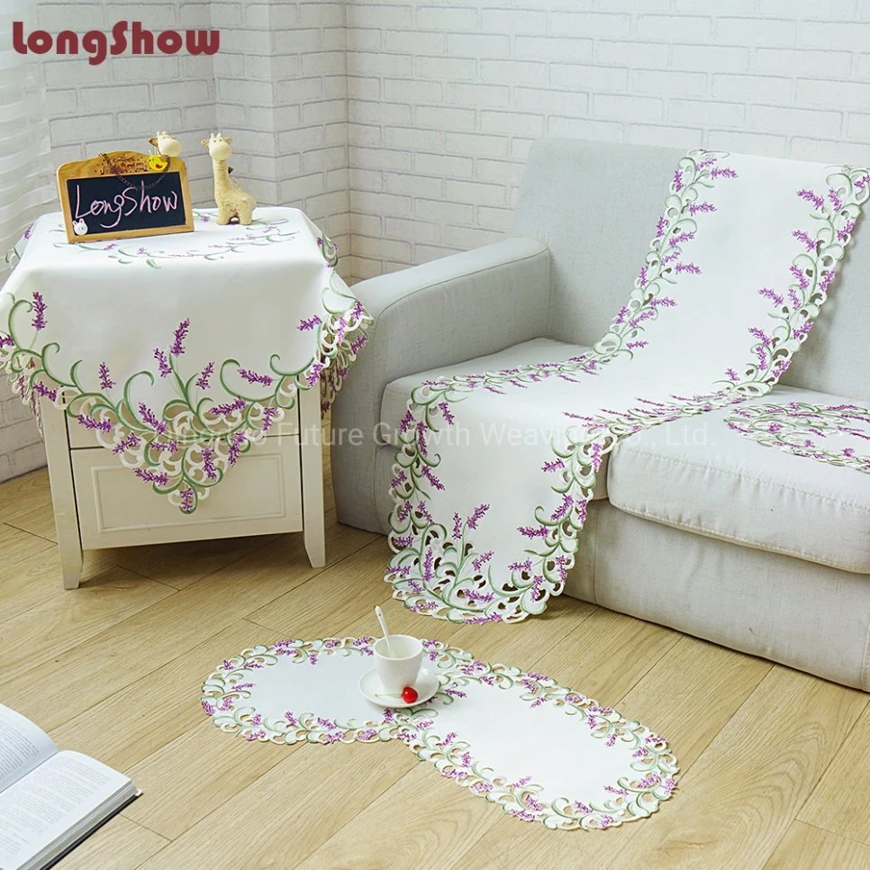 Wholesale/Supplier Decorative Cut Work Satin Lavender Flowers Patterns Square Table Cloth