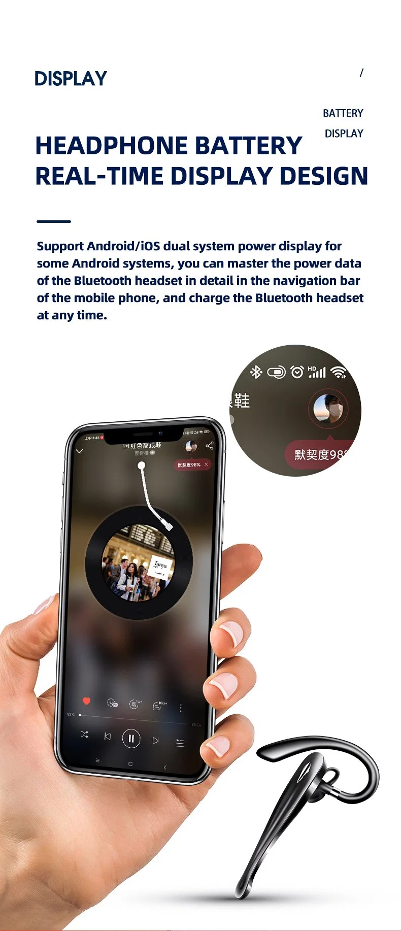 360 Rotatable and Detachable Bluetooth Ear Hook Headphone