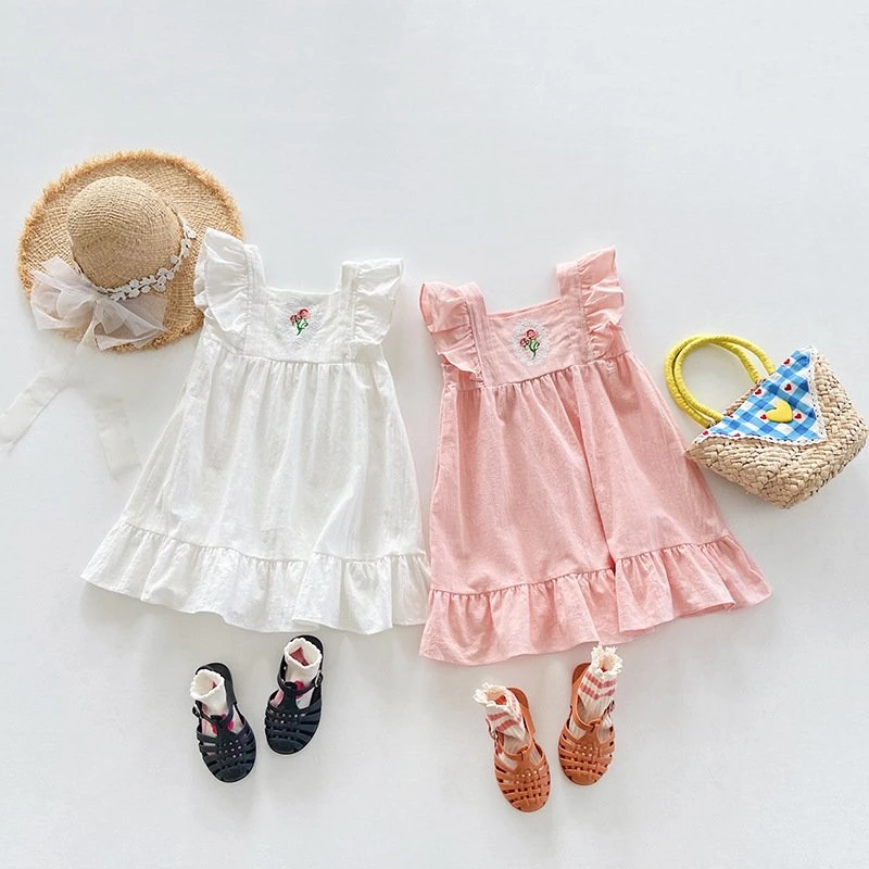 Rose Embroidery Dress 2023 New Square Collar Flying Sleeve Skirt Baby Clothes