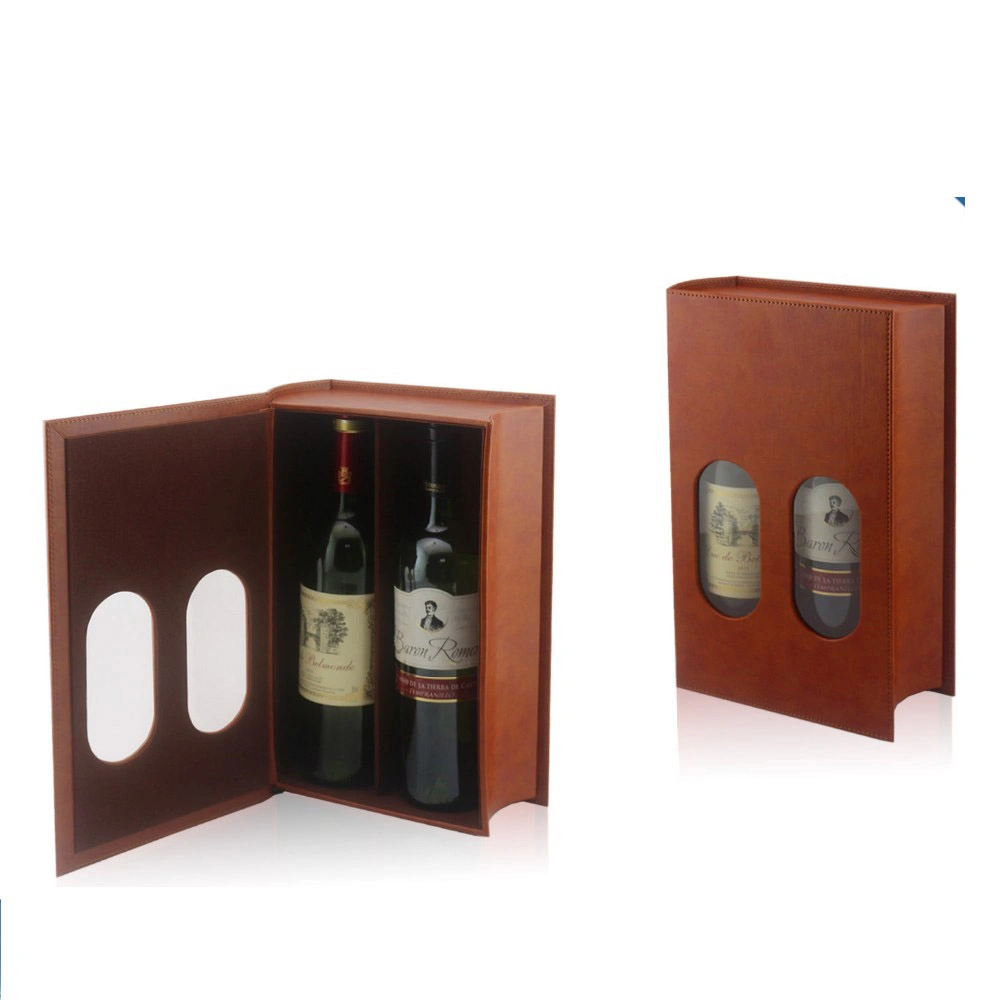 2 Cajas de vino botella de embalaje, logotipo personalizado de lujo Navidad pequeño libro en forma de caja de regalo de vino de cuero