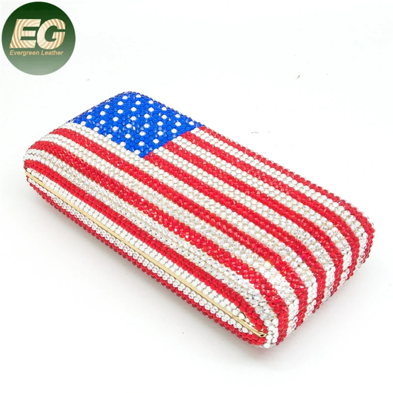 Leb1402 USA American Flag Pattern Women Diamond Clutch Handbags Mini Rhinestone Bling Purse Evening Bag Crystal