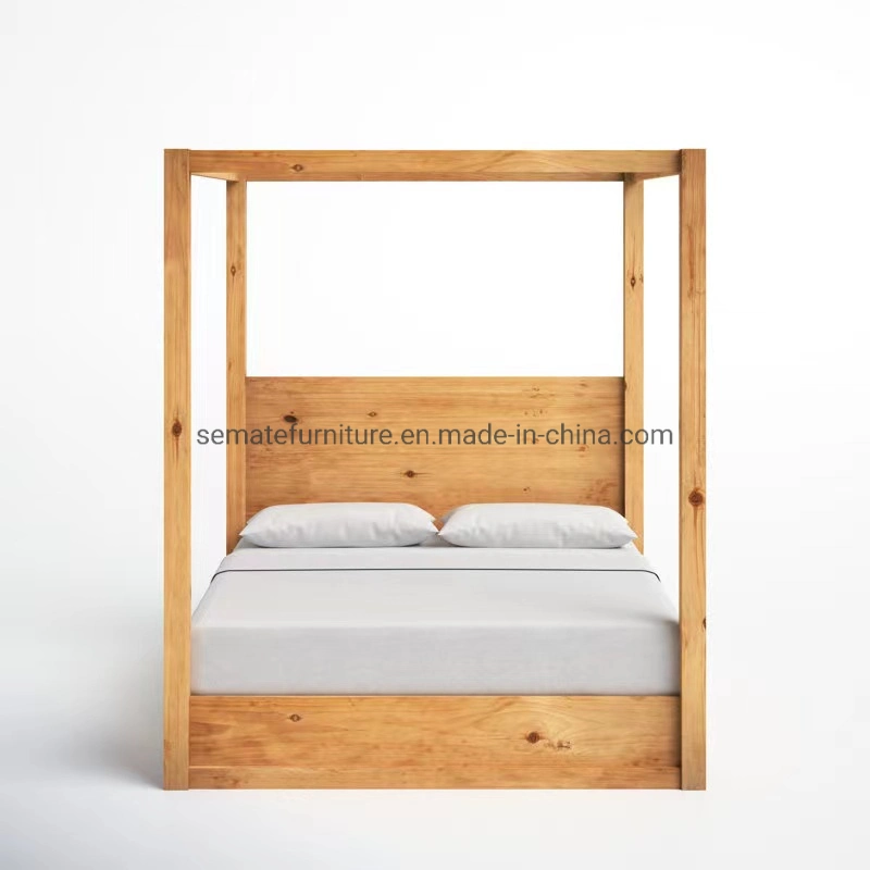 Estilo chino moderno Nordic Lápiz Natural Muebles de dormitorio cama Post Marco de cama con dosel de madera