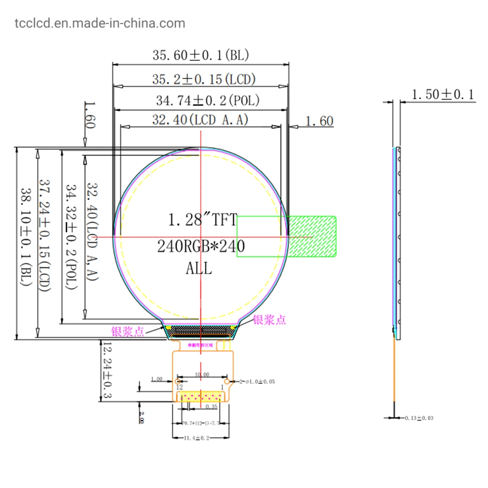 Vista completa 1.28 pulgadas de 240x240 redondo de color RGB de la pantalla LCD de 12 pines gc9a01 Spi Controlador de pantalla TFT