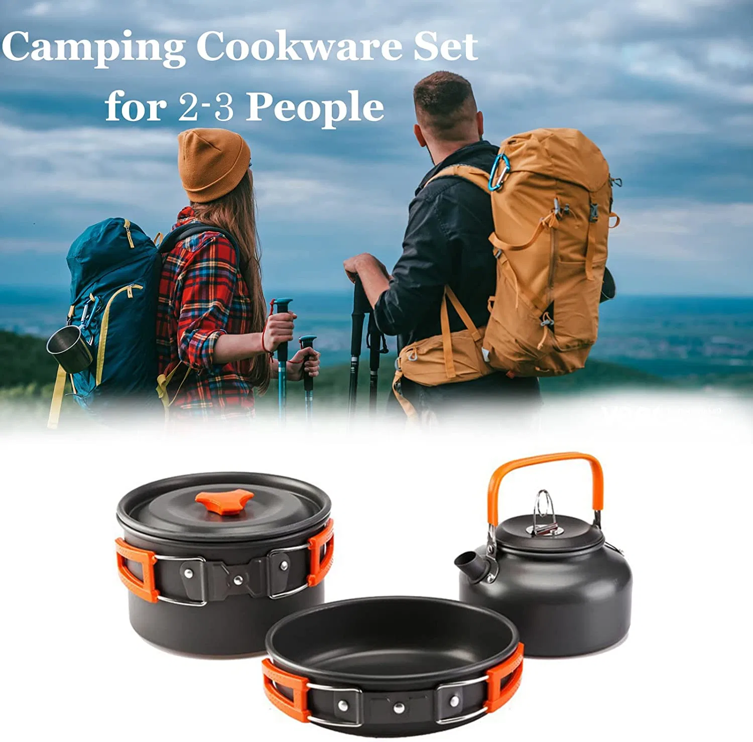 Stainless Steel Outdoor Camping Cookware Set Tea Pot Mess Kit with Kettle Cup Dishes Hiking Picnic Cookset