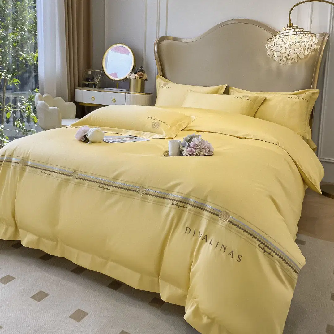 100% algodón ropa de cama tela de casa bordado de cuatro piezas Sábanas ajustadas Amador de edredón amarillo de tamaño king de tamaño almohada de las almejas Ropa de cama